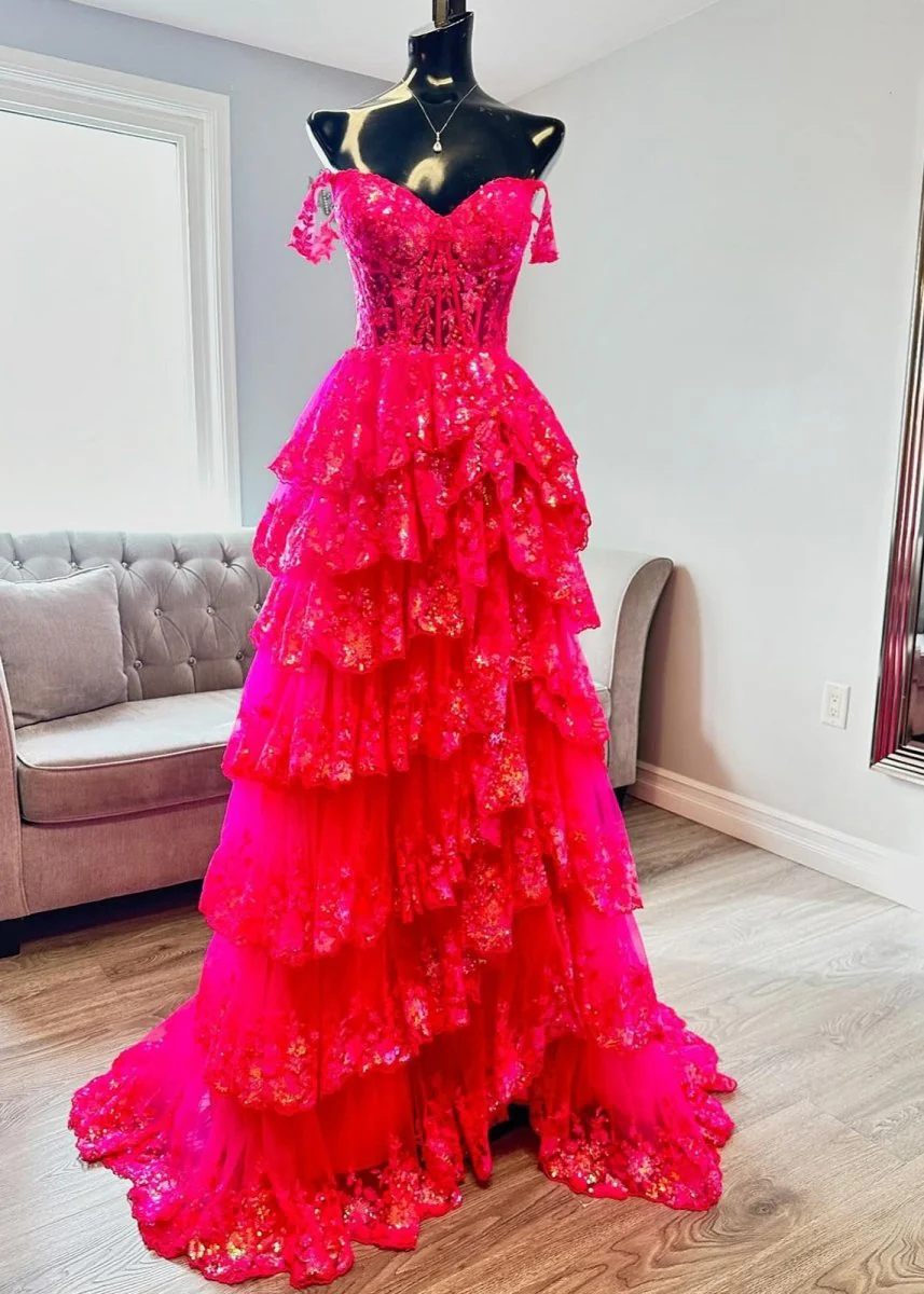 A-Line Lace Off-the-Shoulder Tiered Long Prom Dress with Slit
