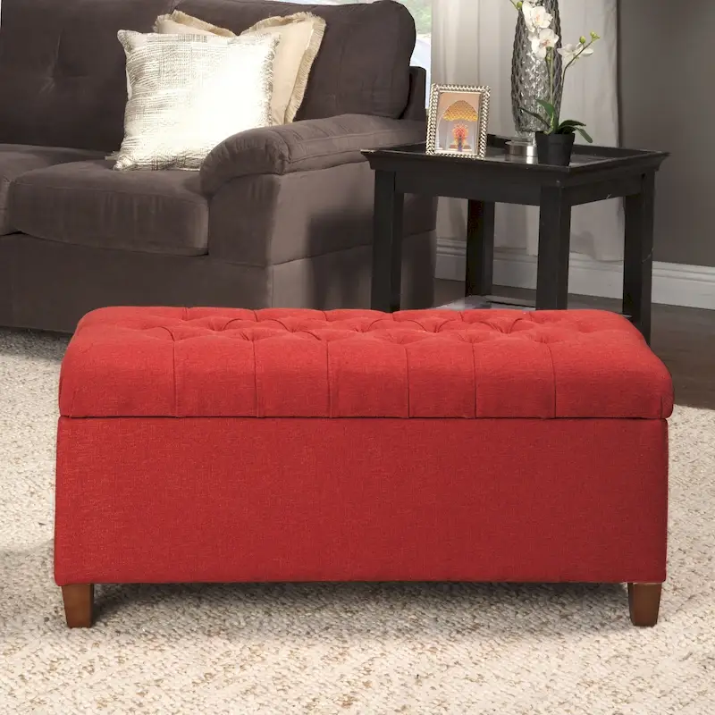 Button-Tufted Cranberry Storage Bench with Hinged Lid – Dark Walnut Legs (40