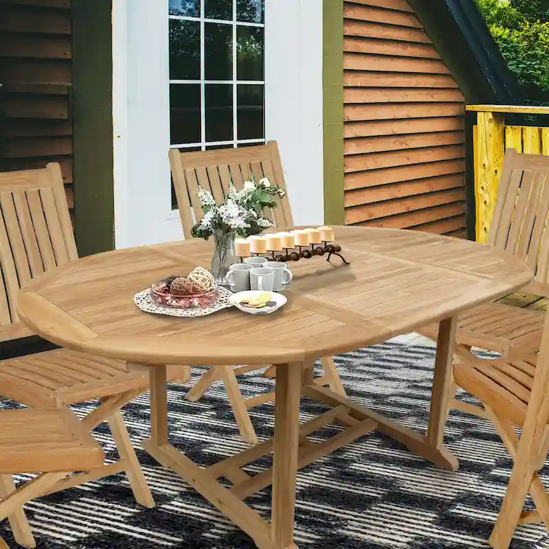 Seven Seas Teak Ocean Beach Round Outdoor Patio Extension Table, 47 inch Round to 71 inch Oval (Table Only)