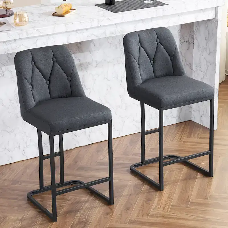 Upholstered Bar Stools Set of 2, Counter Height Bar Stools with Button-Tufted Backrest, Kitchen Island Chairs with Metal Frame