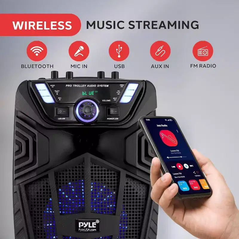 Pyle 8 Portable PA Speaker System with Bluetooth, LED Lights & Wireless Microphone (PPHP822NSM) - Black