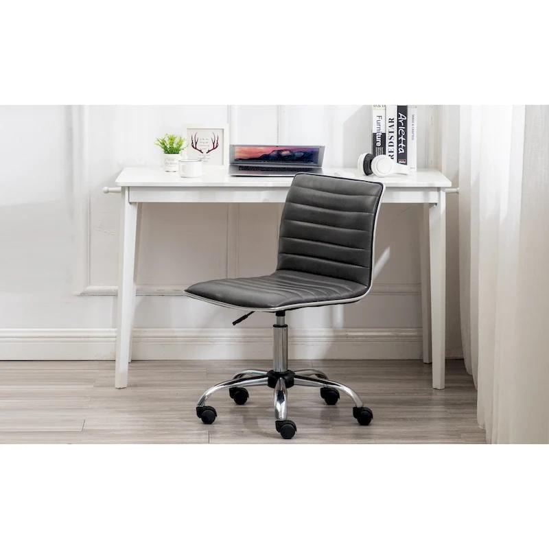 Grey Mid-Back Armless Swivel Chair, Faux Leather, 1-Person