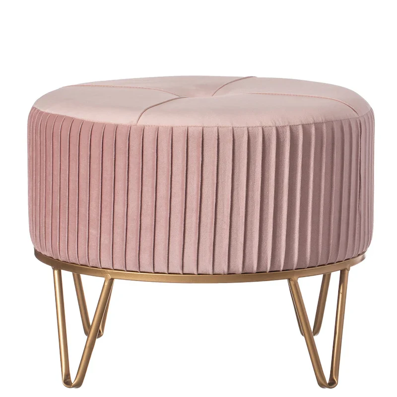 Round Velvet Ottoman Stool Raised with Hairpin Gold Base