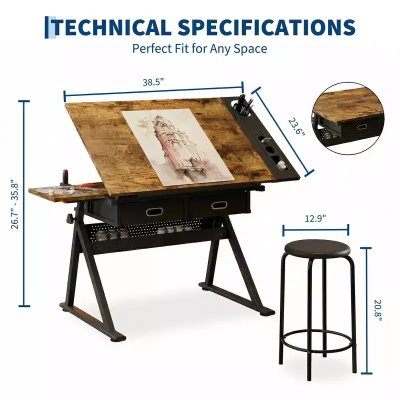 Height Adjustable Drafting Table & Stool Set, 0-75 Tilting Drawing Desk with 2 Drawers for Art, Crafting & Sketching