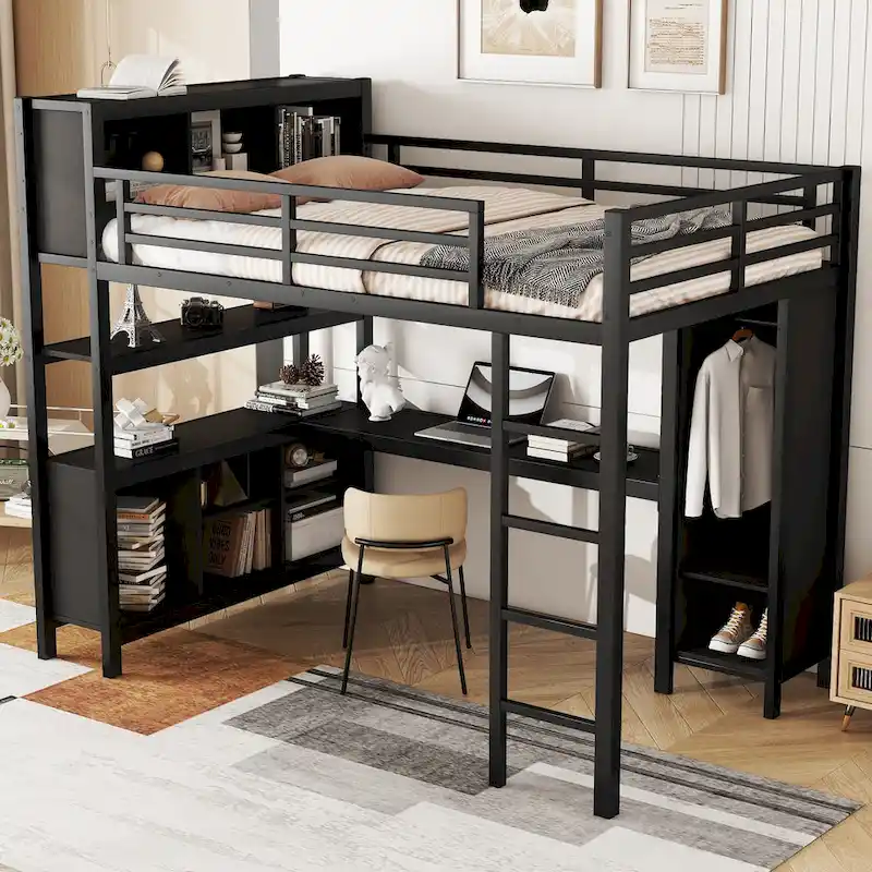 Metal Loft Bed with Wardrobe And L-shaped Desk