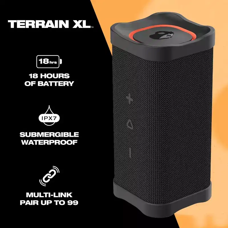 Skullcandy Terrain XL Wireless Bluetooth Speaker - IPX7 Waterproof Portable Speaker, 18 Hour Battery, Nylon Wrist Wrap, True Wireless Stereo, Black