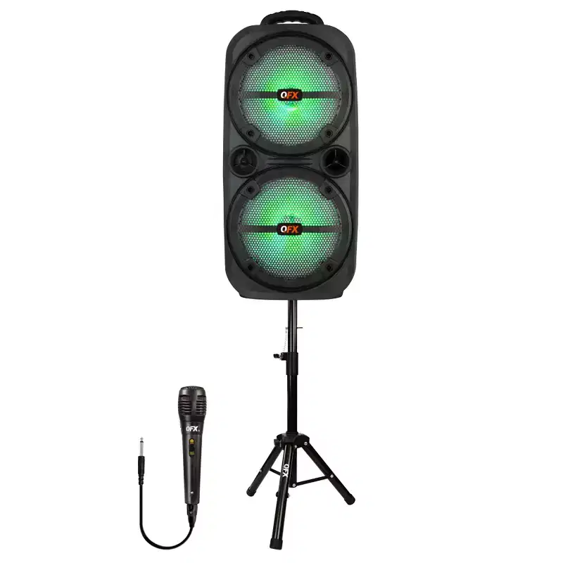 QFX Portable Bluetooth True Wireless Speaker with LEDs, Microphone, and Stand, Black, PBX-8008SM