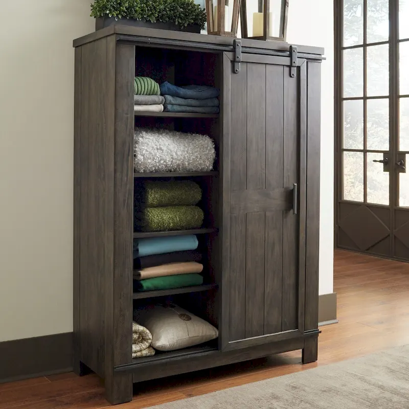 Sliding Door Chest with 4 Adjustable Shelves & Dovetail Drawers – Rock Beaten Grey Finish (44