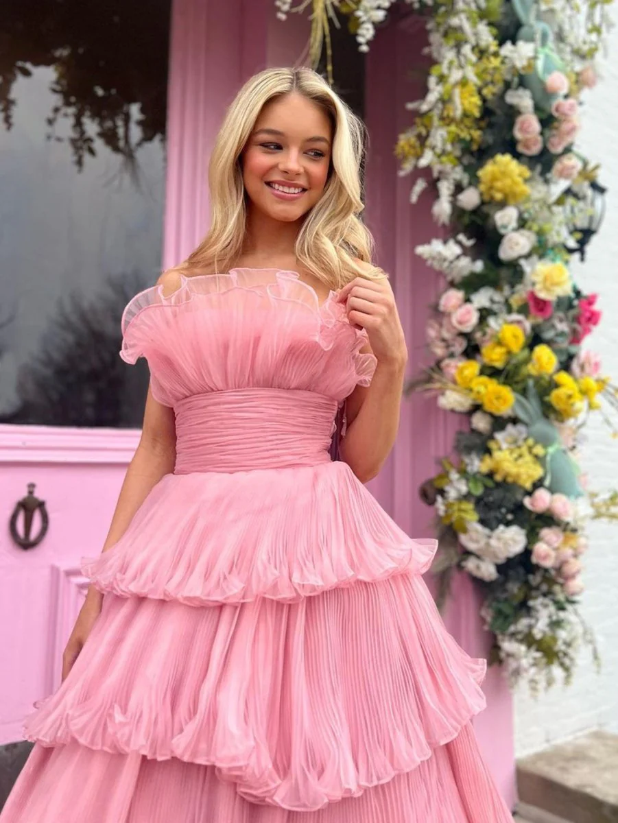 Strapless A-Line Tiered Crinkled Tulle Prom Dress