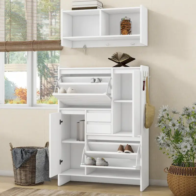 White / Black Shoe Cabinet with Wall Cabinet & 4 Flip Drawers, Handleless, 2-Person Assembly