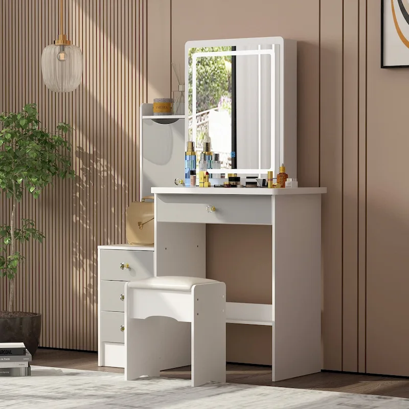 Timechee Makeup Vanity Set with Sliding Lighted Mirror Dressing Table - 33L x 15.7W x 52.4H