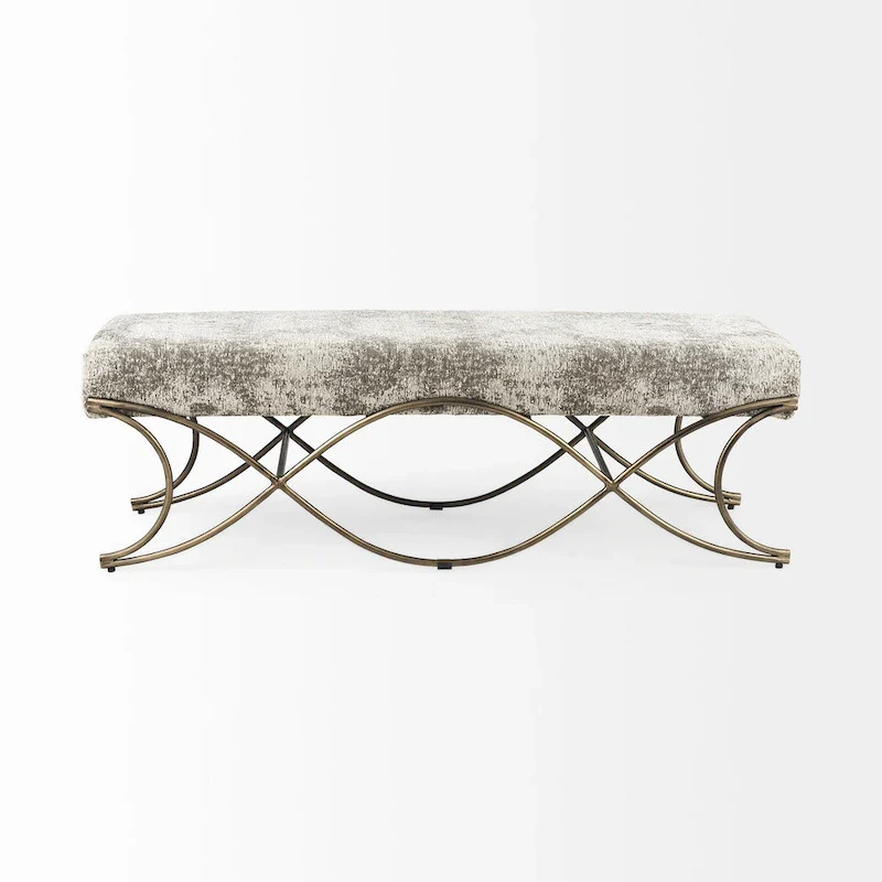 Gray Fabric Upholstered Bench with Gold Metal Legs