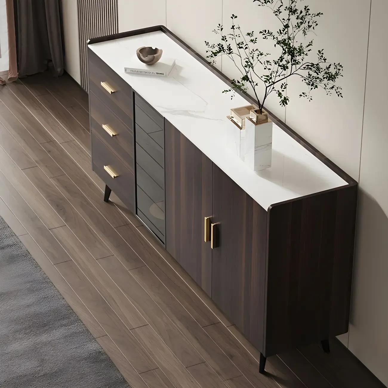 Glam Walnut Wooden Sideboard with Drawers & Cabinets