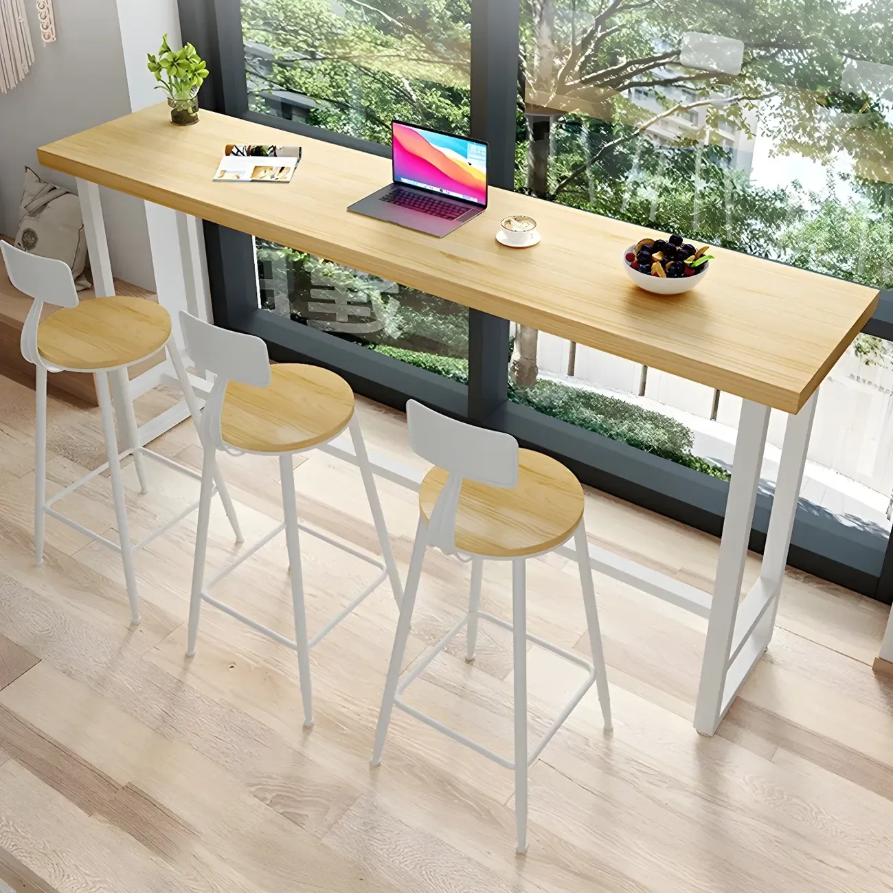 Modern Rustic Pine Wood Top Iron Base Bar Table