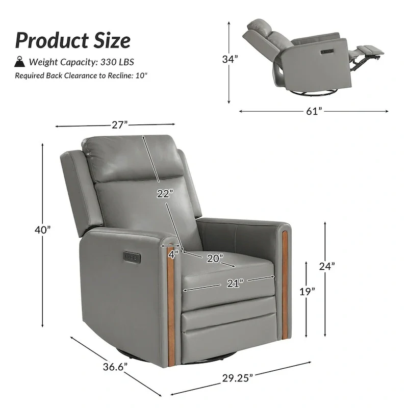 Jaime Modern Genuine Leather Rocking Swivel Power Recliner with Adjustable Headrest and Footrest by HULALA HOME