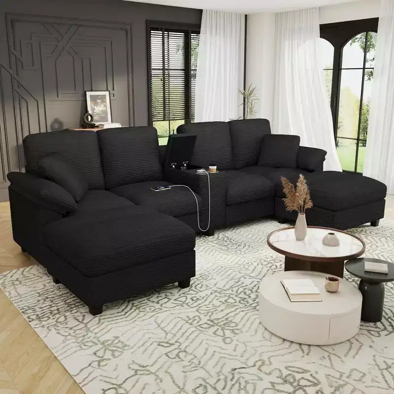 Polibi U-Shaped Corduroy Sectional Sofa with Hidden Storage Ottomans, USB Console & Cup Holders