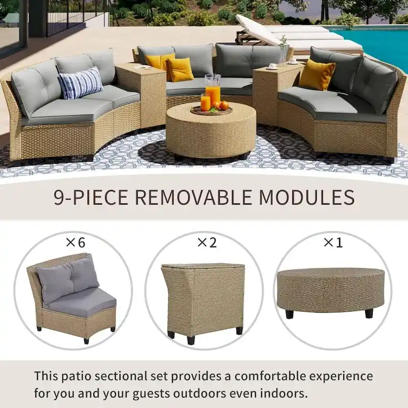 6-Person Garden Fan-shaped Rattan Suit Combination with Cushions and Table