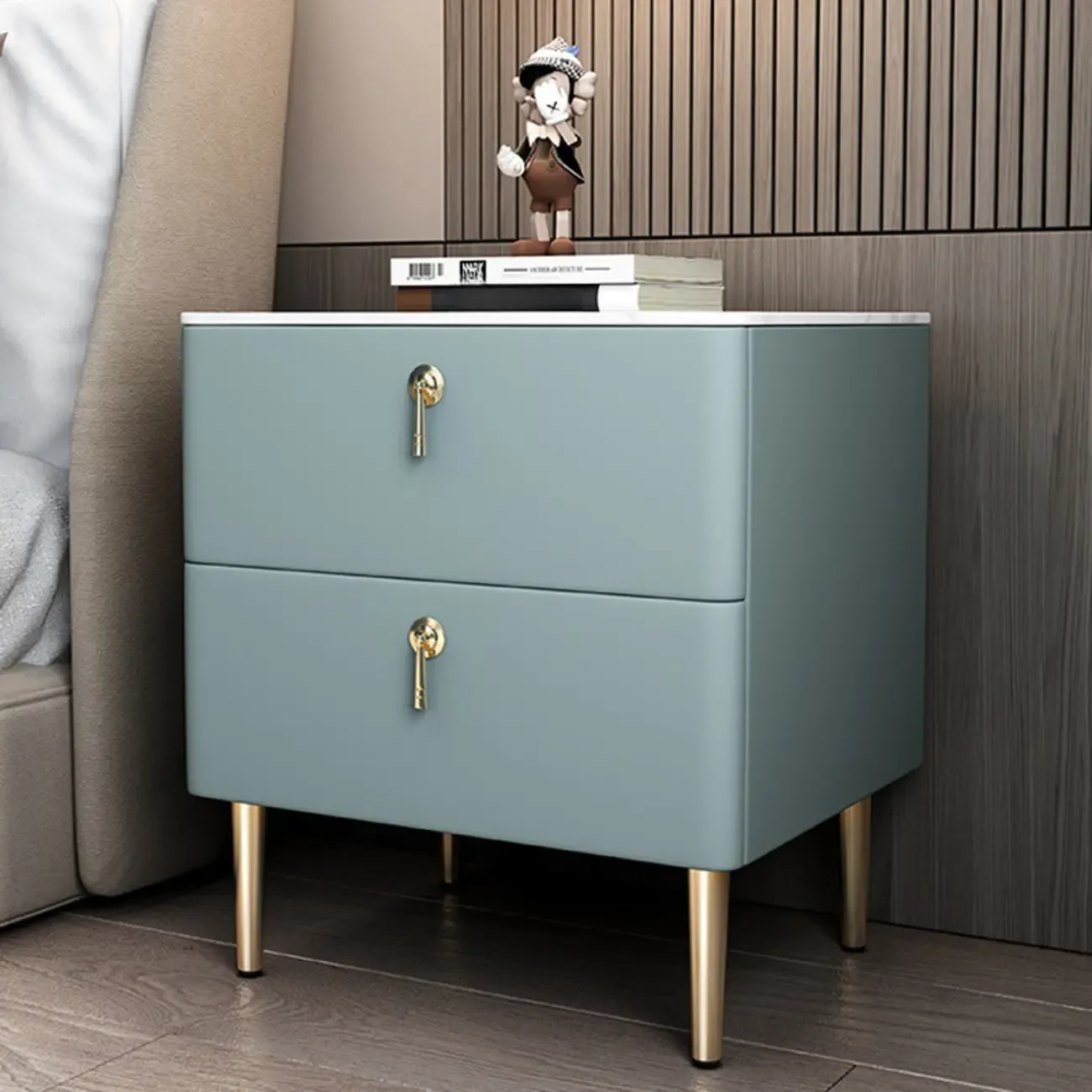 Modern Stone Top Gold Accents Leather 2 Drawer Nightstand