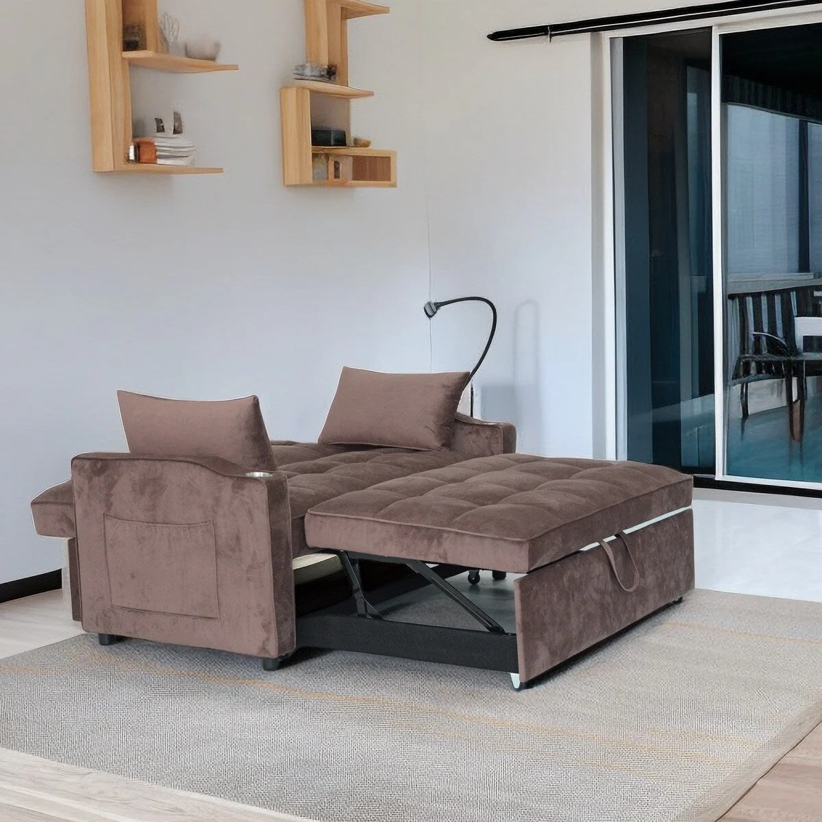 Brown Modern 54.33 Convertible Pullout Loveseat Sofa Bed with Reclining Backrest and Phone Holder