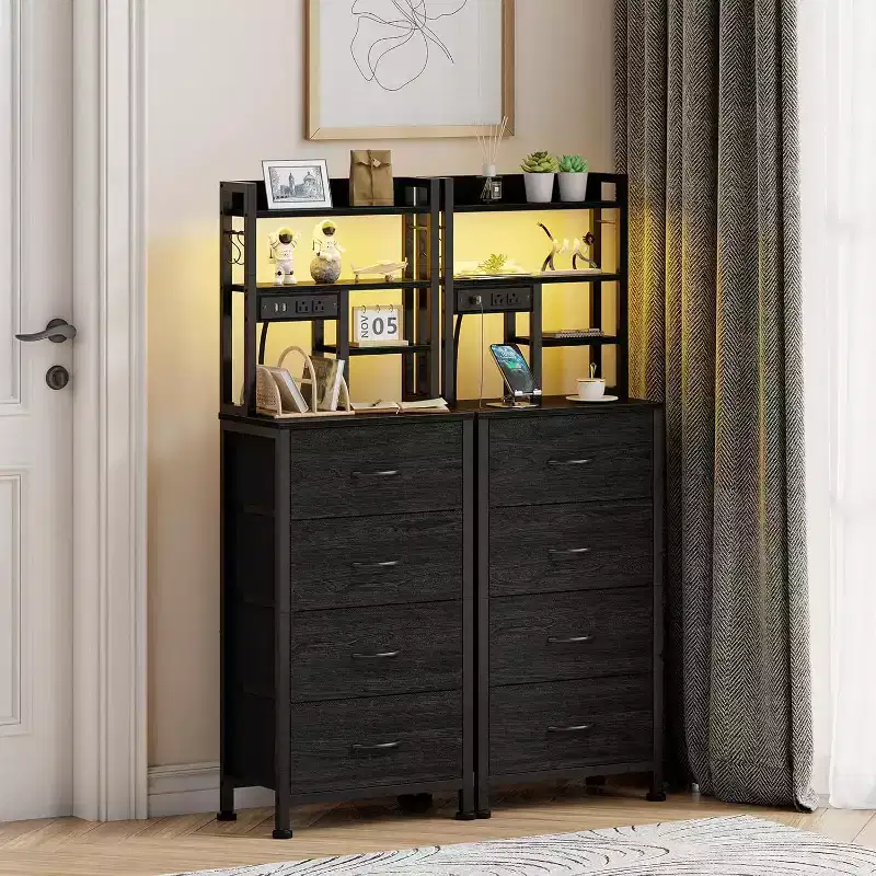 Qwatto Bedside Table with Charging Station and USB Port 4 Drawer Tall Nightstand with Shelves for Bedroom Dorm Wood Metal End Table Black Finish