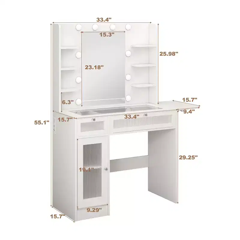 Dyonery Vanity Desk with Mirrors & Lights 3 Colors,White Makeup Desk with Drawers & Cabinet,Transparent Top with 6 Shelves/Power Outlet for Bedroom