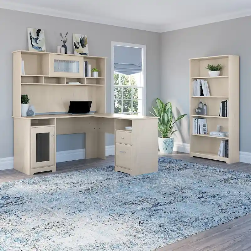 Cabot 60W L-Desk with Hutch and 5 Shelf Bookcase by Bush Furniture