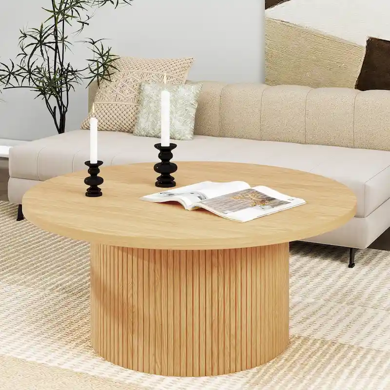 Round Pedestal Wood Coffee Table – Natural Wood, 2 Sizes