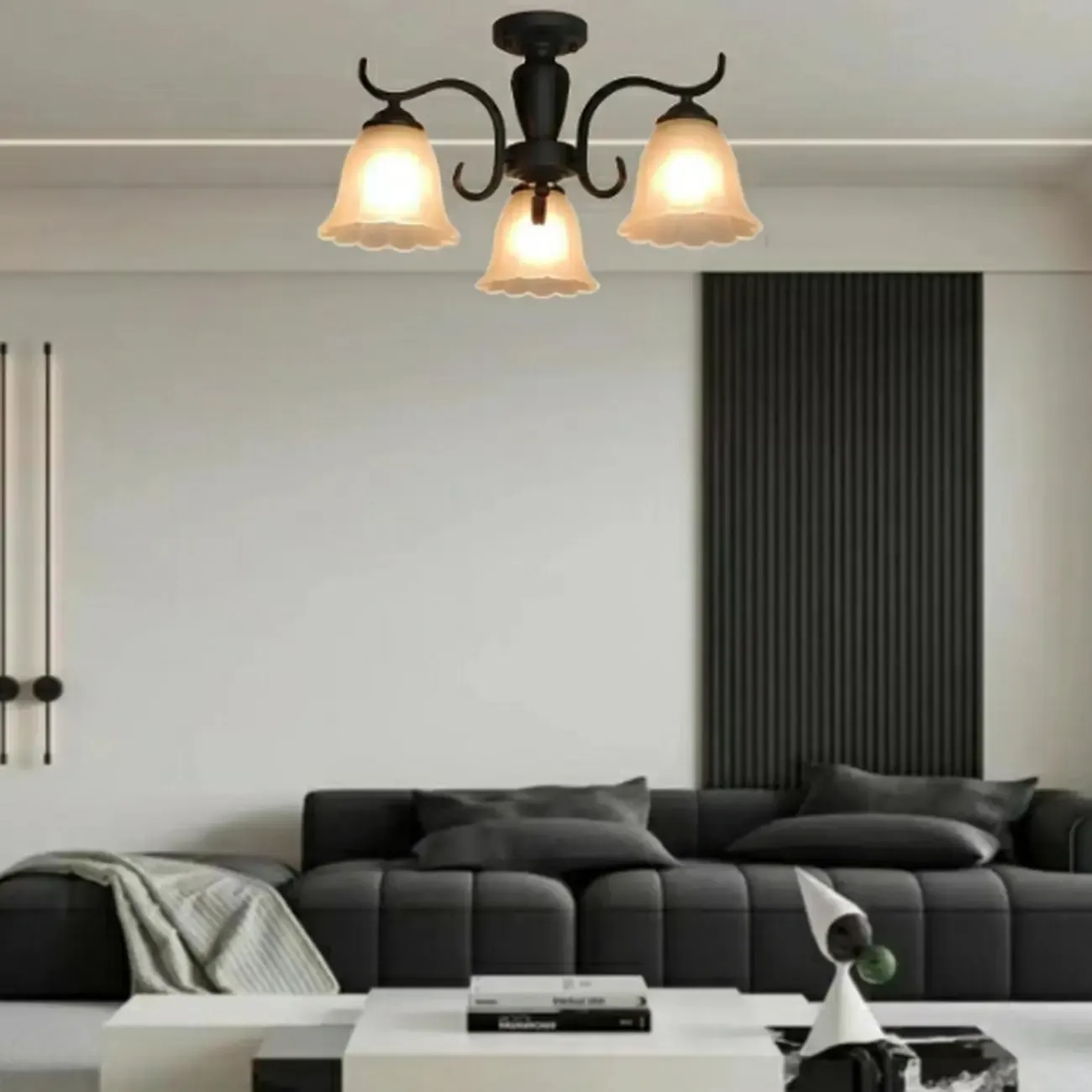 Vintage Black Glass 3-Light LED Semi Flush Ceiling Light