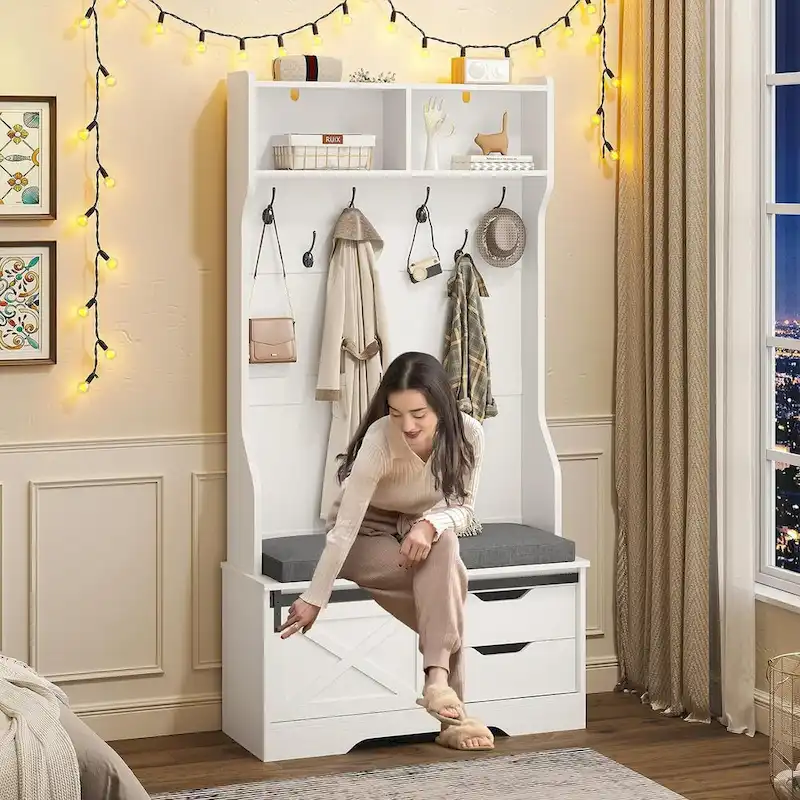 Hall Tree With Bench And Shoe Storage Coat Rack Barn Door