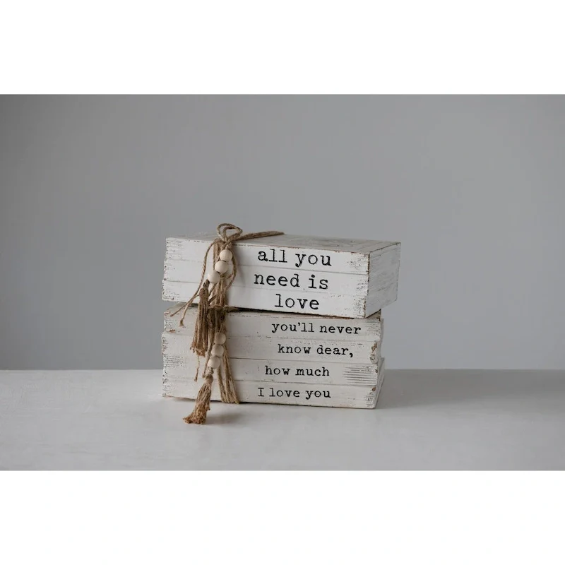 Wood Block Books with Saying and Jute Tie, Set of 2 Styles