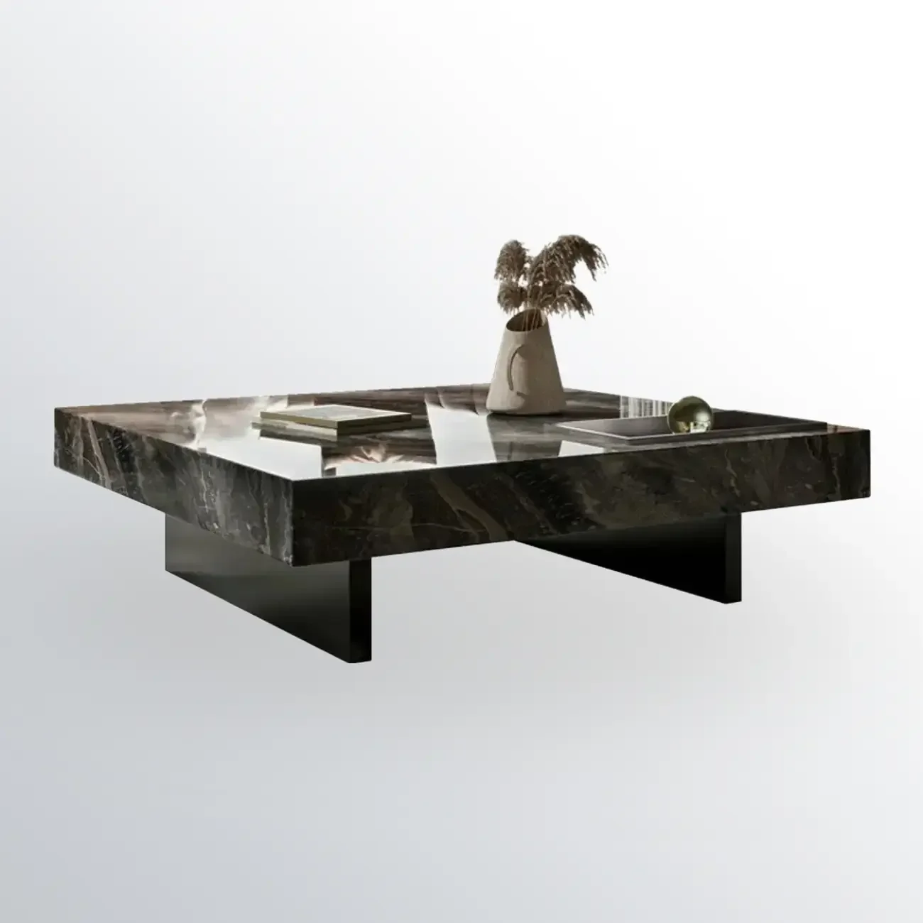 Modern Low Stone Square Coffee Table with Double Pedestal