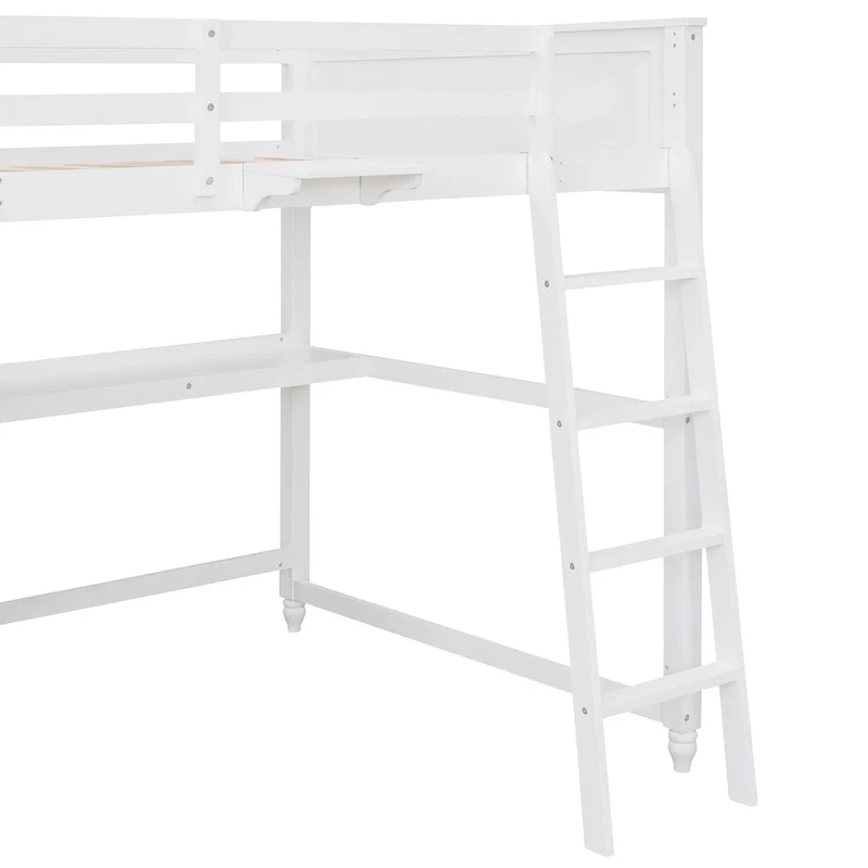 Full Size Loft Bed with Drawers and Desk, Wooden Loft Bed with Shelves - White