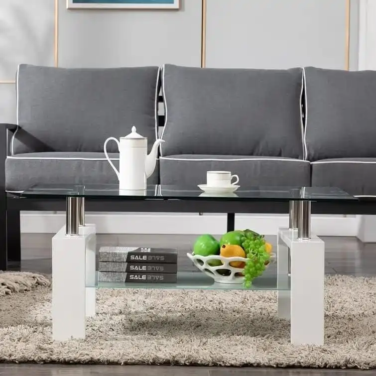 Rectangle Coffee Table Glass Tabletop with Lower Shelf