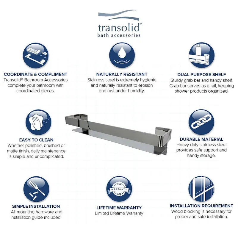 20-in Stainless Steel Grab Bar Shelf with Rail - Champagne Bronze / Polished Chrome / Brushed Stainless / Matte Black