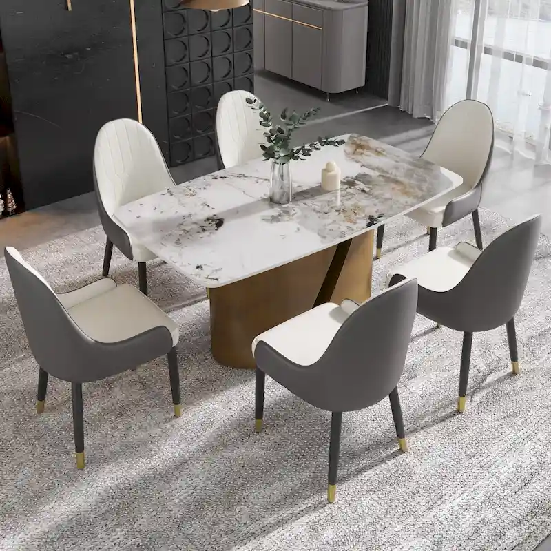 71 & 63 Modern Kitchen Table Marble Sintered Stone Table Top with Metal Gold Finish Legs