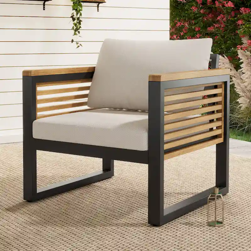 Outdoor Acacia Wood and Metal Patio Chair with Cushions