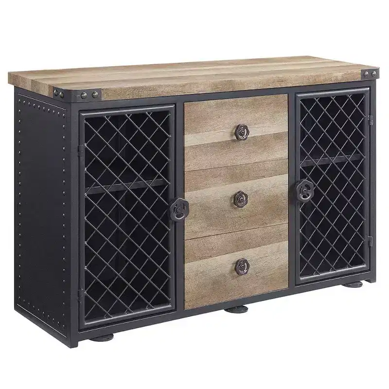 Edina 50" Kitchen and Dining Cabinets Oak and Sandy Black - Acme Furniture: Sideboard Buffet with Metal Frame, MDF Surface