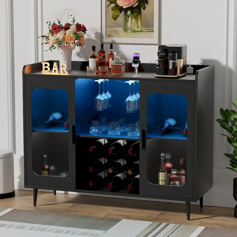 Black Bar Cabinet with Wine Holder and LED Lights - Satin Gold Finish