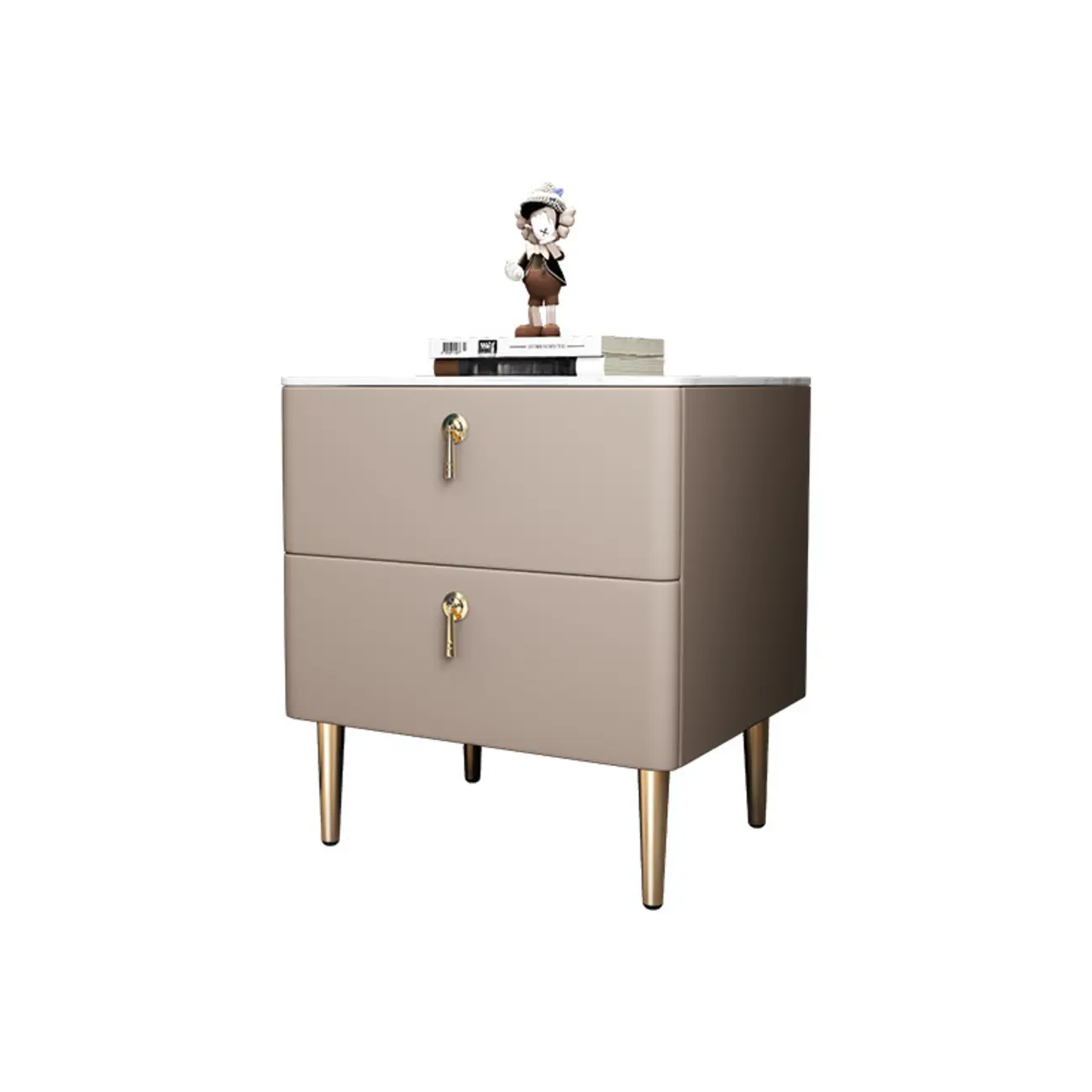 Modern Stone Top Gold Accents Leather 2 Drawer Nightstand