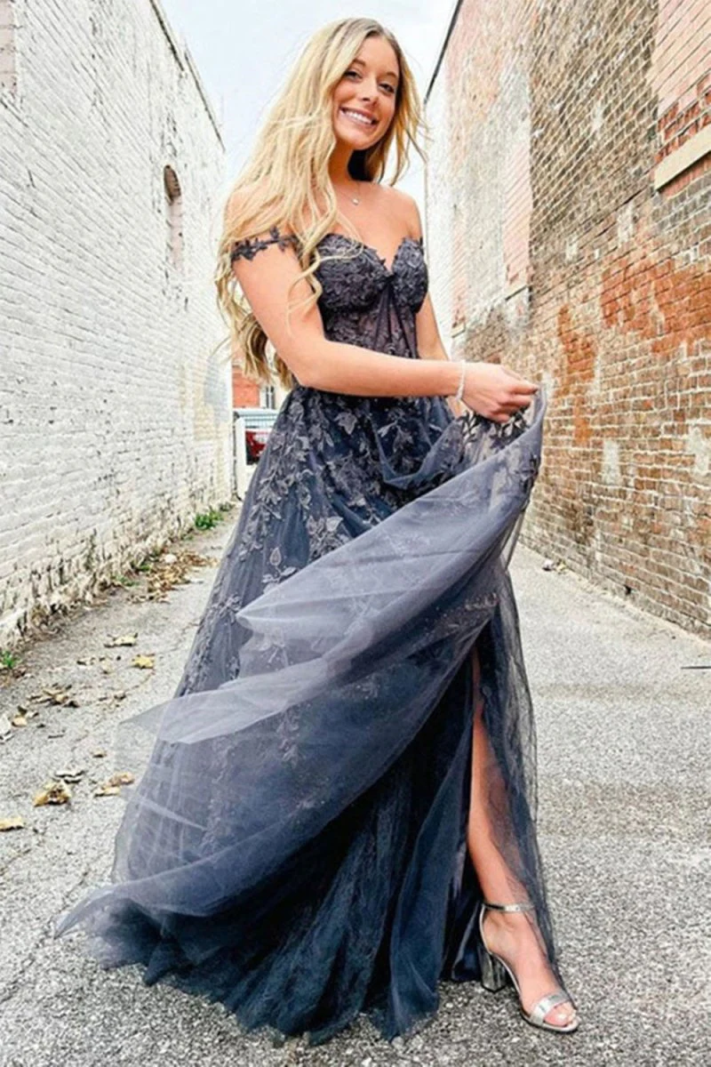 A-line Sweetheart Lace Tulle Prom Dress with Slit