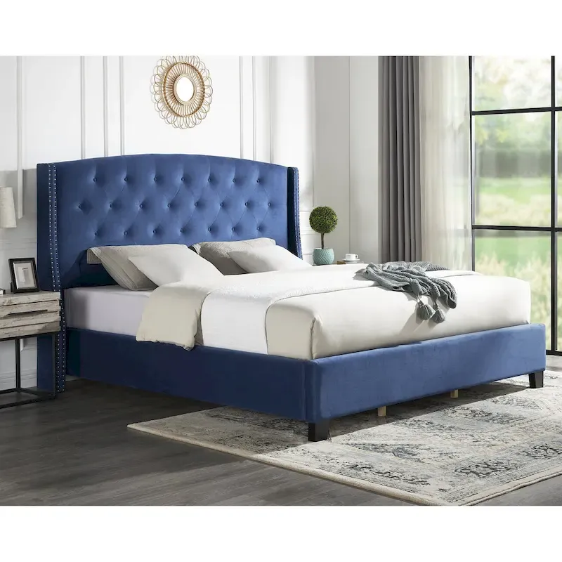 Gray/Beige/Blue Wingback Platform Bed, Button Tufted, King, Sleeps 2