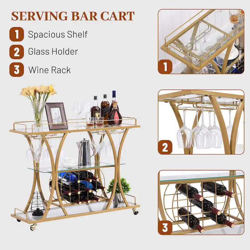 Myhozm 3-tier Serving Metal Bar Cart with Tempered Glass