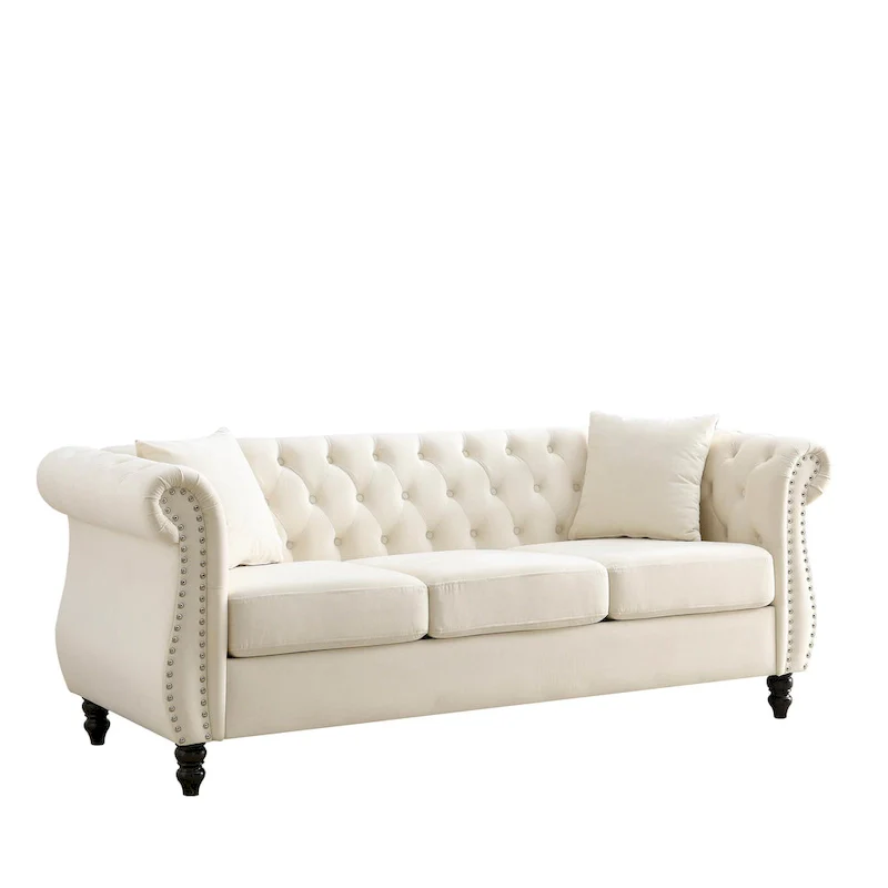 Beige Velvet Chesterfield 3 Seater Sofa with Rolled Arms, Nailhead Trim, 2 Pillows