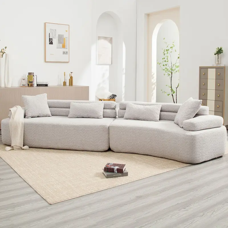 Modern Boucle 4-Seater Upholstered Sectional Sofa with 4 Pillows