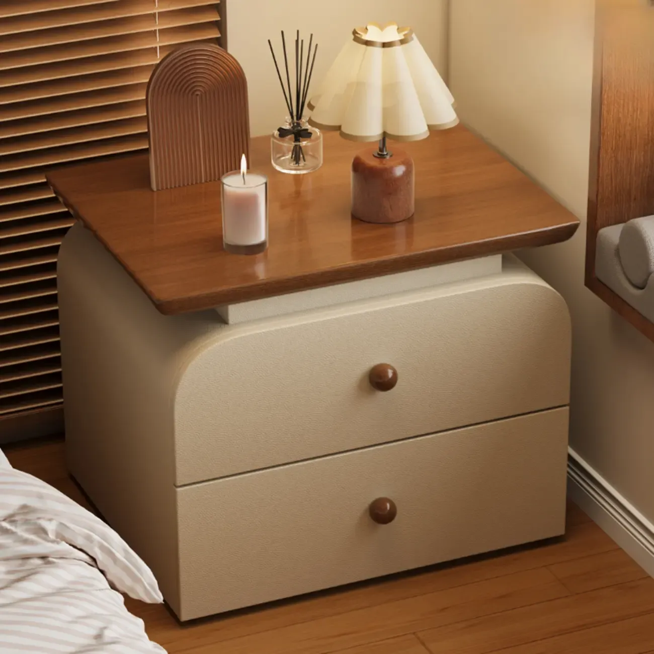 Faux Leather Modern Nightstand Wood Countertop