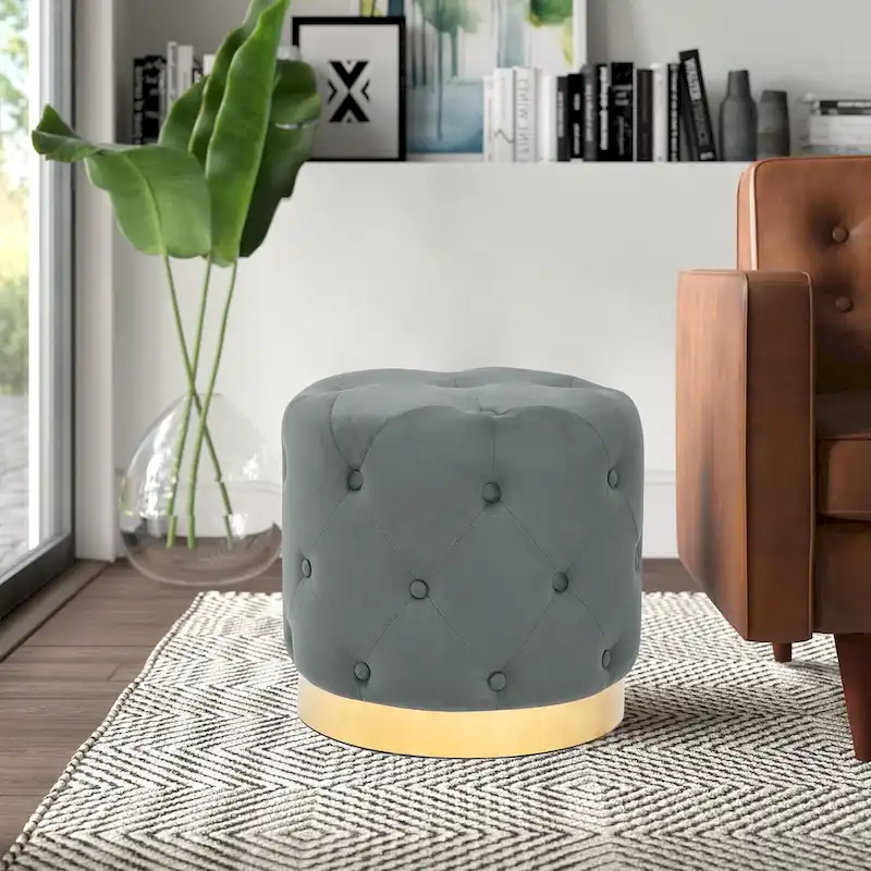 Adeco Round Velvet Ottoman Vanity Footrest Stool Gold Plating Base