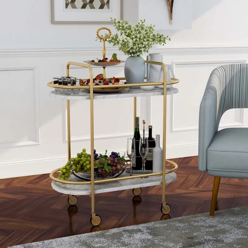 Mardoc Contemporary White and Gold Faux Marble Two Tiers Serving Cart with Caster Wheels by