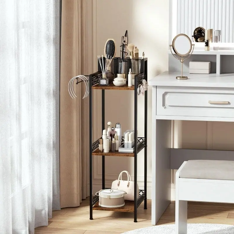 3-Tier Storage Shelf with Toilet Paper Holder - Brown