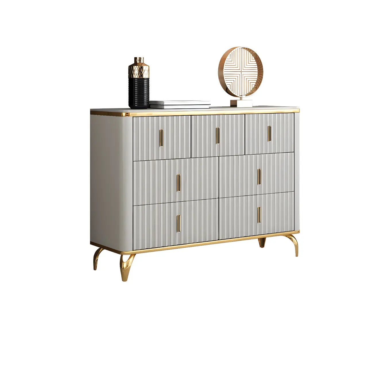 Elegant Gray Wooden Dressers & Chests with Gold Handles