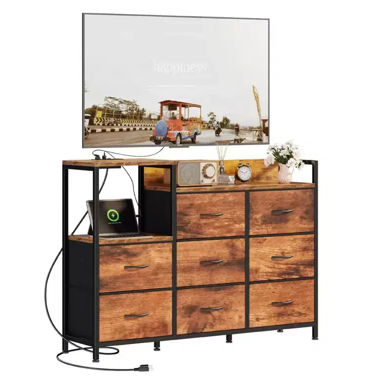 TUYOHW TV Stand with 8 Fabric Drawers & Charging Station,Entertainment Center with Open Shelves,Wood Top,Console Table for Living Room,Bedroom